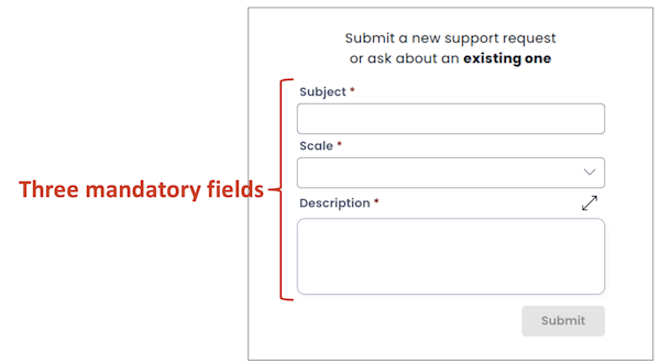 Image showing the three mandatory fields to raise a support ticket